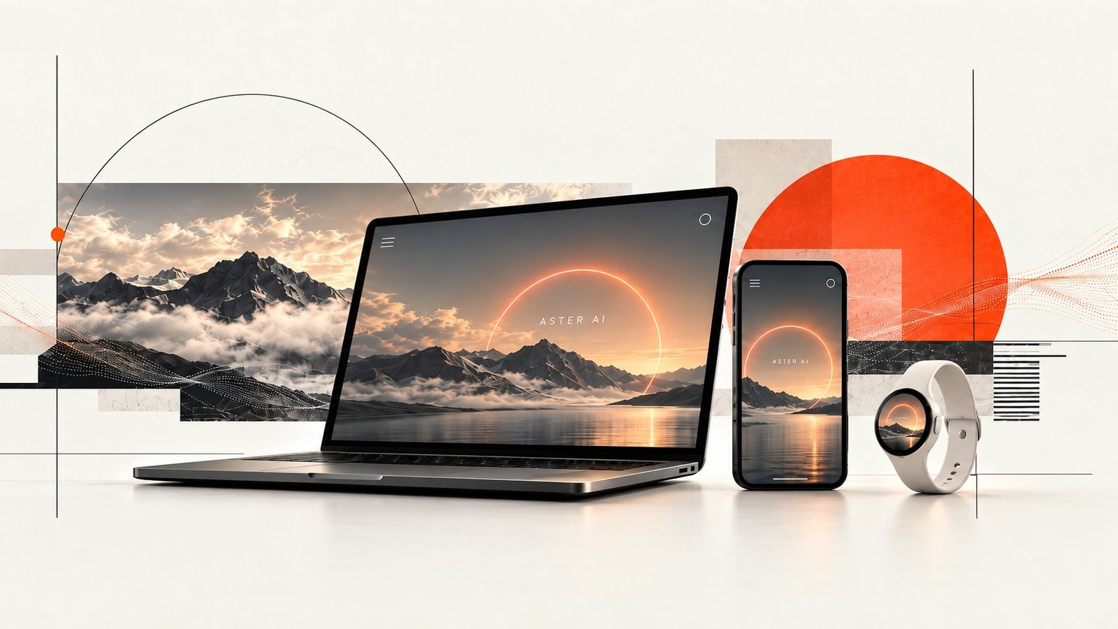 A laptop, phone and watch each showing Aster AI with a glowing ring over a mountain lake, set against an orange sun and layered landscape photographs.