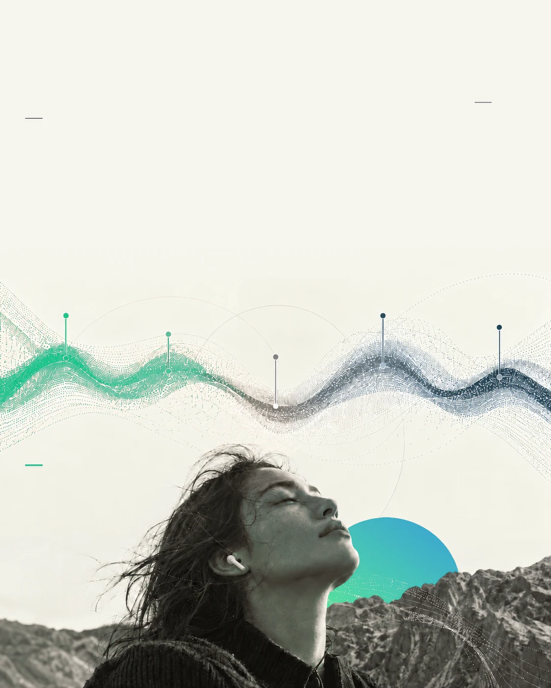 A woman wearing white earbuds beneath an orange and blue wave field.
